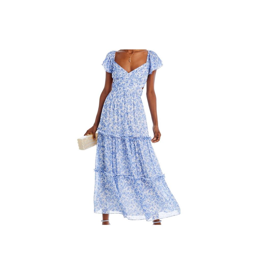 AQUA new with tags flutter puff sleeve tiered blue, white and gold maxi dress
